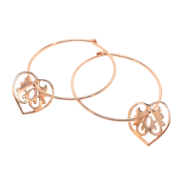 Rose gold vermeil Ace of Hearts hoop earrings with heart motif, handmade in the UK