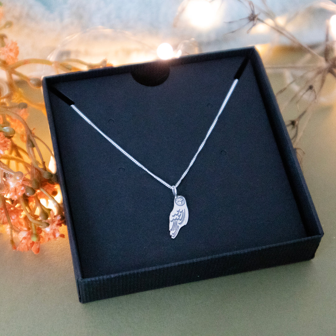 Blackbird Jewellery Sterling Silver Barn Owl Necklace presented in Blackbird Jewellery's signature packaging, perfect for gifting and supporting bird conservation.
