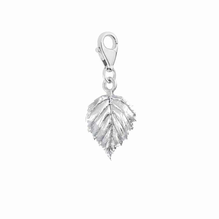 Blackbird Jewellery sterling silver birch leaf clip-on charm with lobster clasp, handmade in the UK and inspired by nature