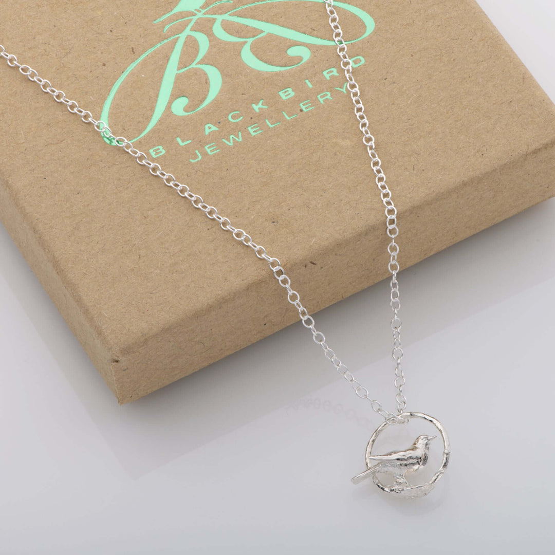 Blackbird Jewellery Sterling Silver Blackbird Necklace – Handmade bird necklace with blackbird in hoop, gift boxed.