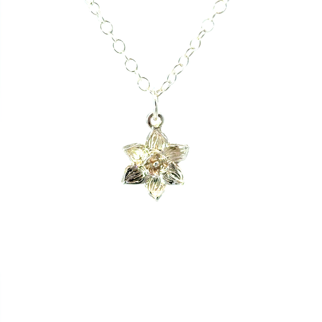 Blackbird Jewellery Sterling silver daffodil bloom necklace inspired by the March birth flower and the national flower of Wales.