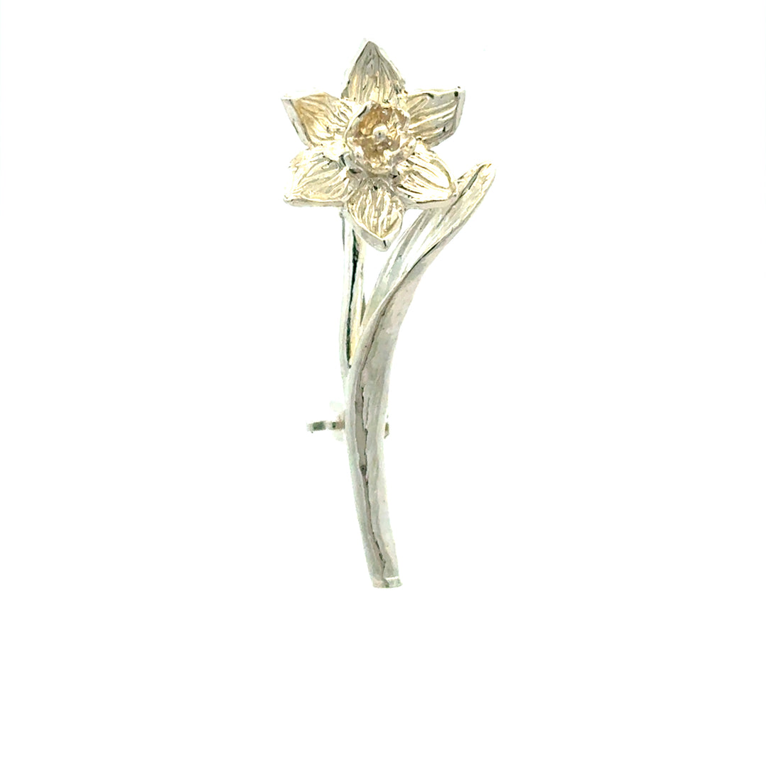 Blackbird Jewellery sterling silver daffodil brooch pin inspired by the March birth flower and national flower of Wales.