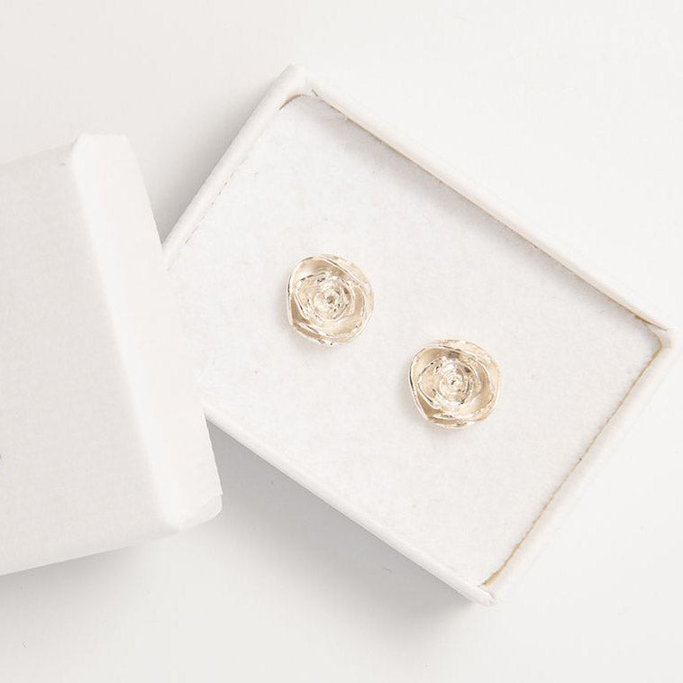 Blackbird Jewellery Sterling Silver Rose Stud Earrings displayed in gift box – Valentine’s or Mother’s Day Jewellery Gift