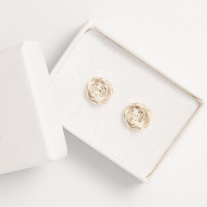 Blackbird Jewellery Sterling Silver Rose Stud Earrings displayed in gift box – Valentine’s or Mother’s Day Jewellery Gift