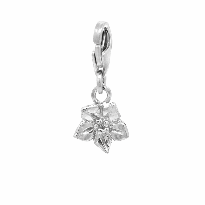 Blackbird Jewellery sterling silver forget me not clip-on charm with delicate floral detailing on a white background