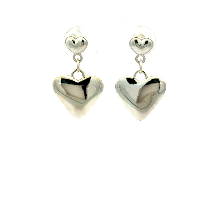 Blackbird Jewellery Sterling silver heart drop earrings, handmade from recycled 925 silver on a white background