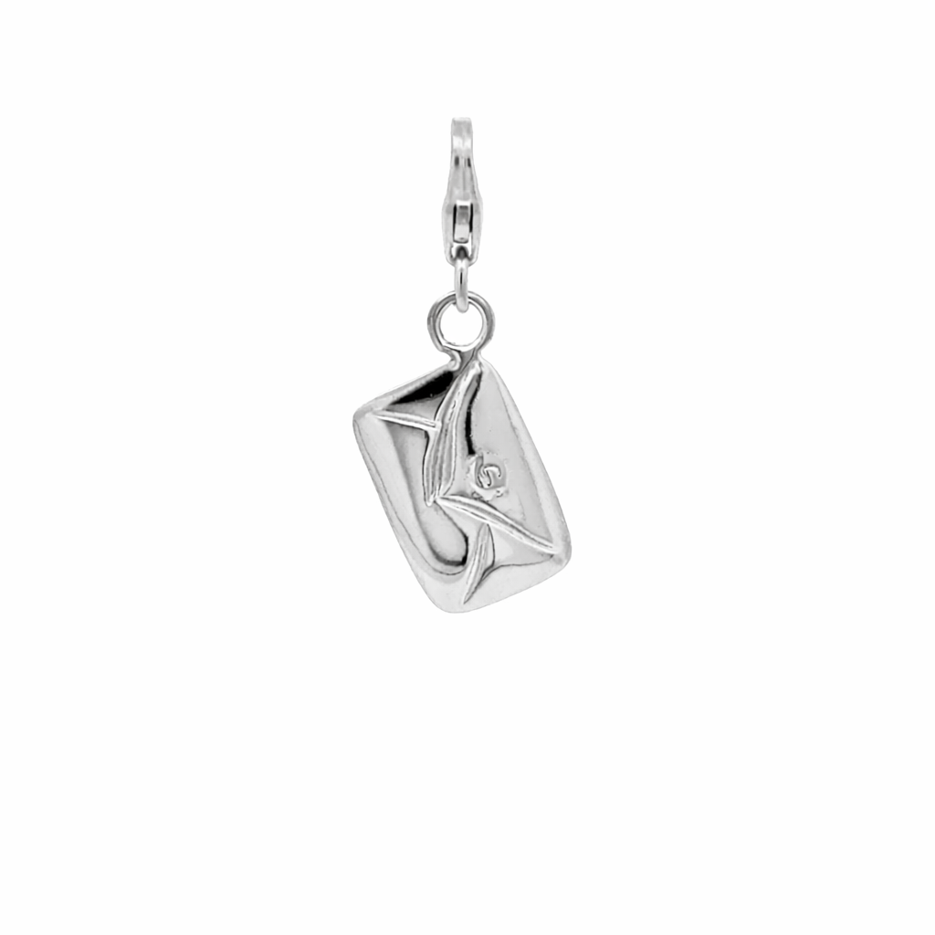 Blackbird Jewellery sterling silver love letter clip-on charm with folded envelope design and embossed seal, handmade in the UK.