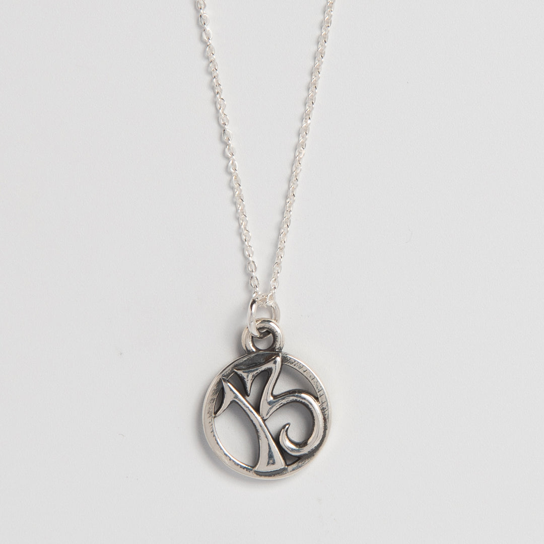 Blackbird Jewellery sterling silver lucky 13 charm necklace on extendable trace chain close up, handmade in the UK