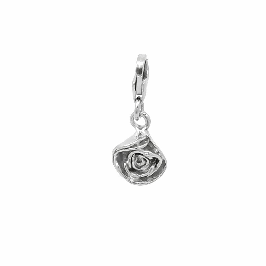Blackbird Jewellery sterling silver rose clip-on charm handmade in the UK, June birth flower jewellery gift