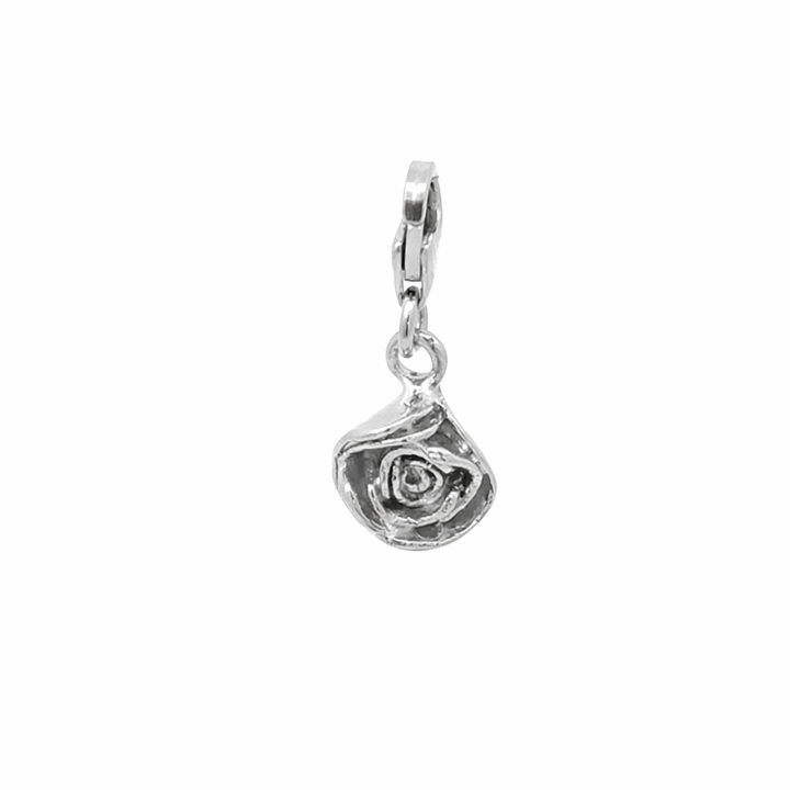 Blackbird Jewellery sterling silver rose clip-on charm handmade in the UK, June birth flower jewellery gift