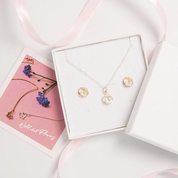 Blackbird Jewellery Sterling Silver Rose Necklace & Earrings Gift Set
