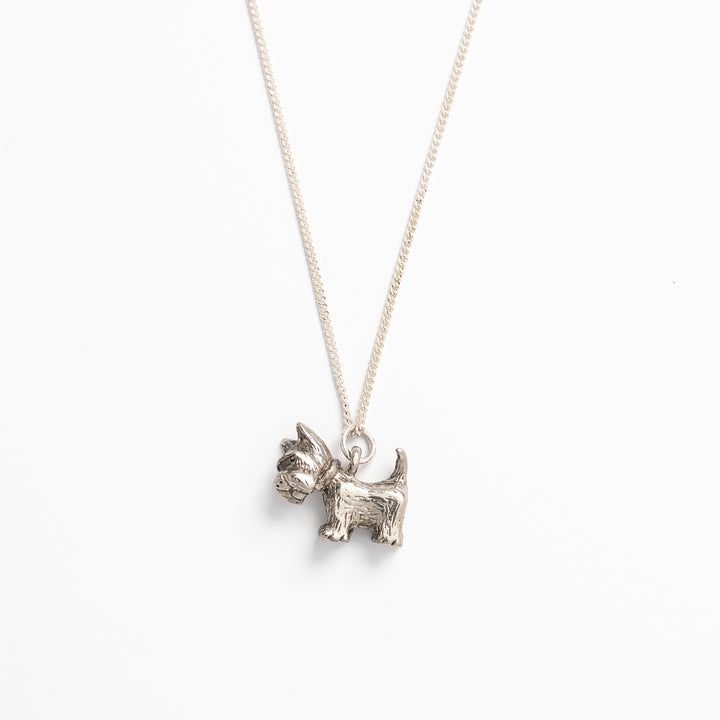 Sterling silver Scottish Terrier dog necklace by Blackbird Jewellery, handmade in the UK and perfect as a gift for dog lovers.