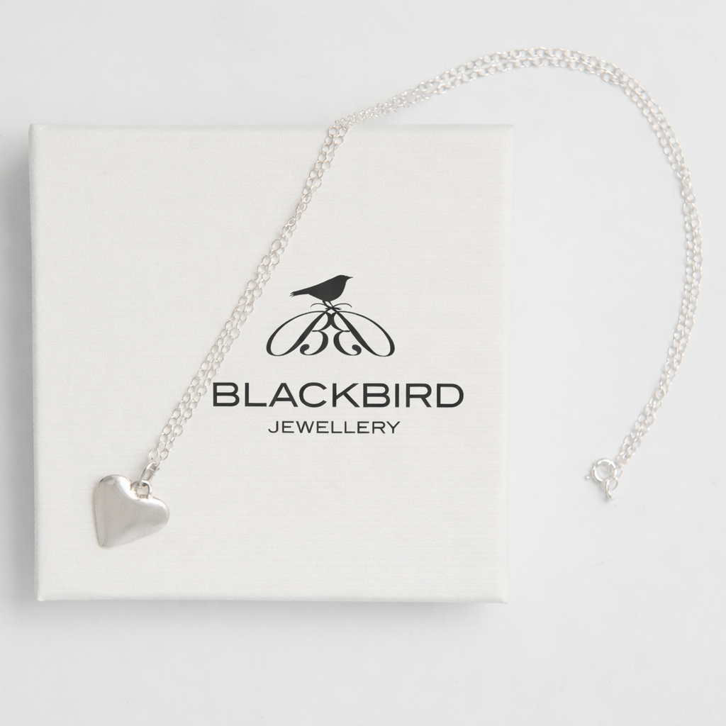 Blackbird Jewellery sterling silver small heart necklace on packaging romantic heart jewellery gift for birthdays and Valentine’s Day