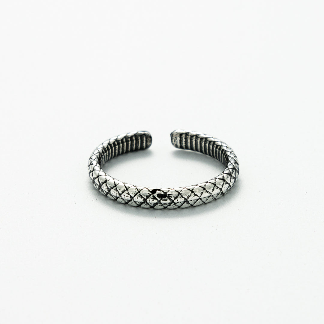 Blackbird Jewellery Adjustable Year of the Snake Textured Band Ring in recycled sterling silver, showcasing intricate engraved snakeskin texture for a bold and sustainable look.
