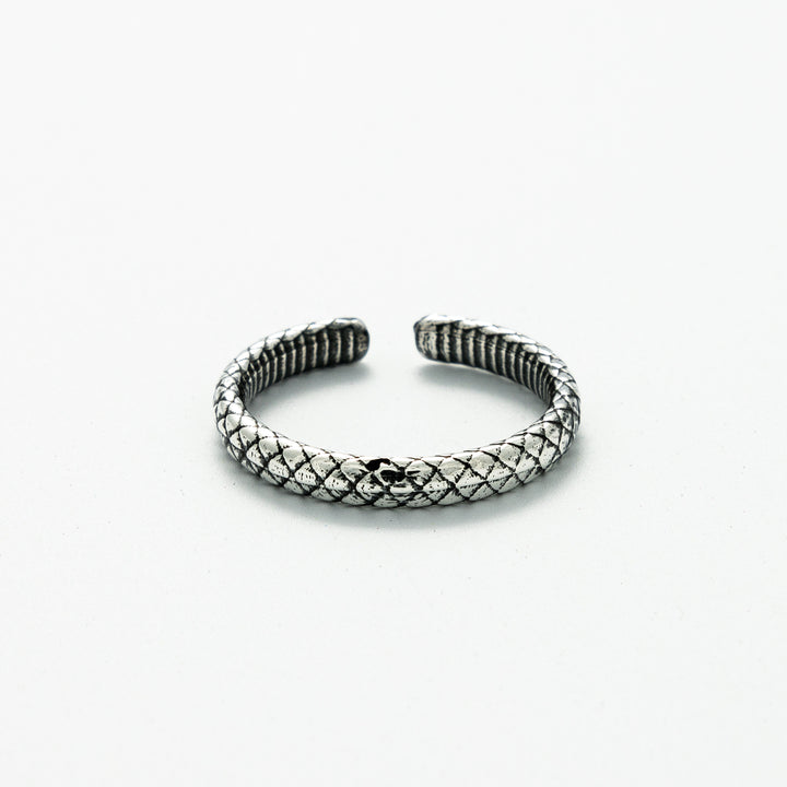 Blackbird Jewellery Adjustable Year of the Snake Textured Band Ring in recycled sterling silver, showcasing intricate engraved snakeskin texture for a bold and sustainable look.