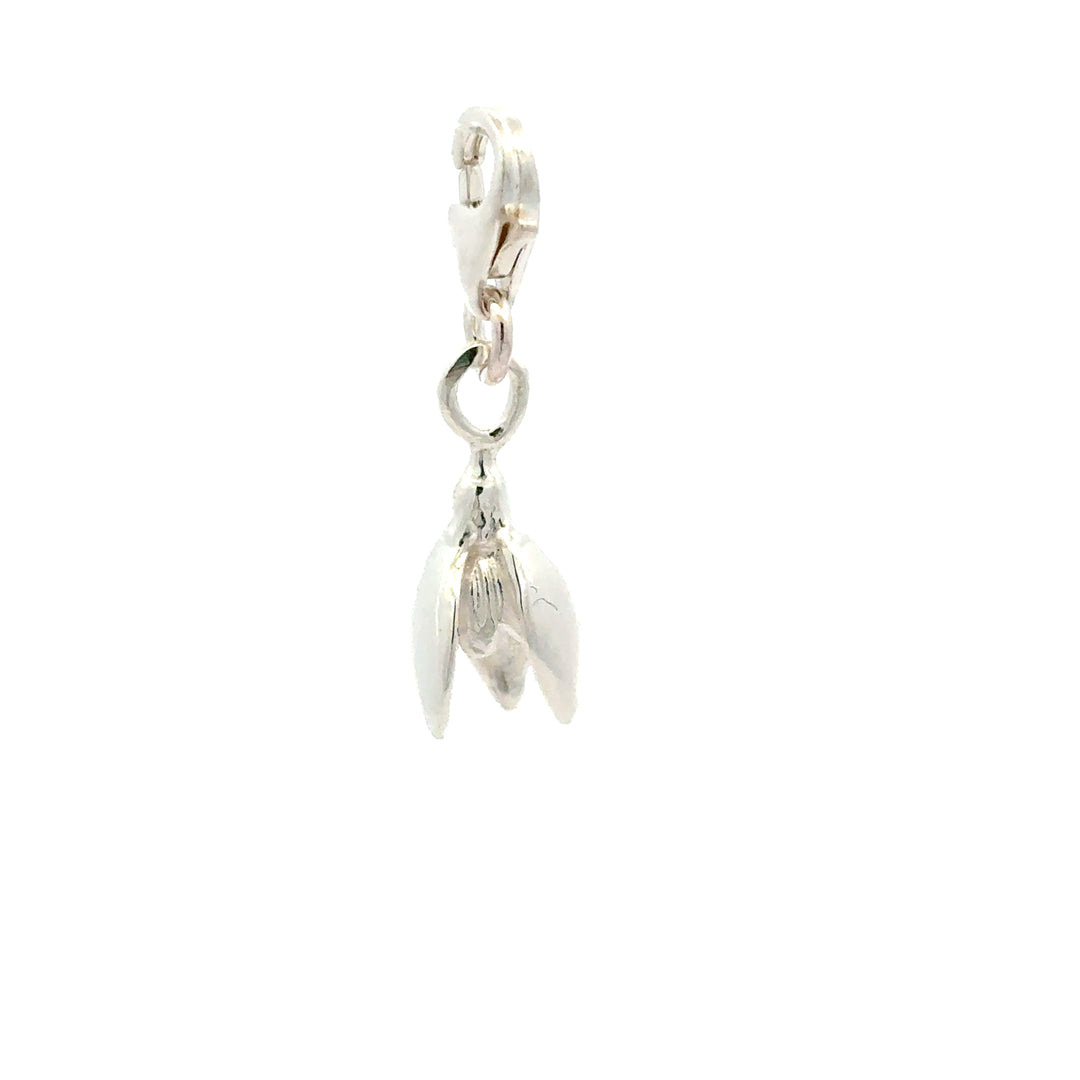 Blackbird Jewellery sterling silver snowdrop clip-on charm with soft satin finish on a white background