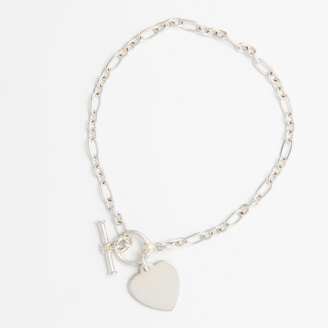 Blackbird Jewellery sterling silver T-bar heart bracelet with belcher chain, handmade in the UK