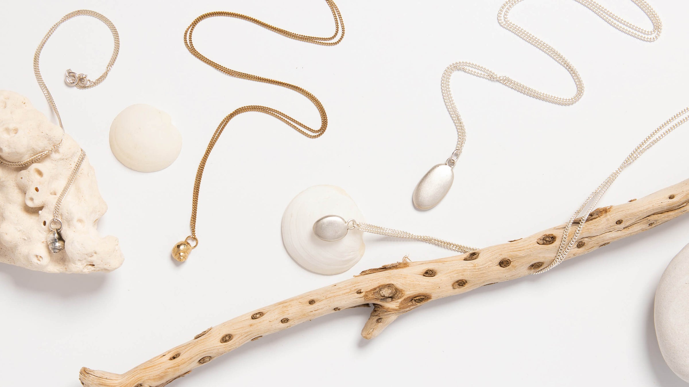 Blackbird Jewellery sustainability banner featuring Seashore necklaces inspired by nature, shells and driftwood
