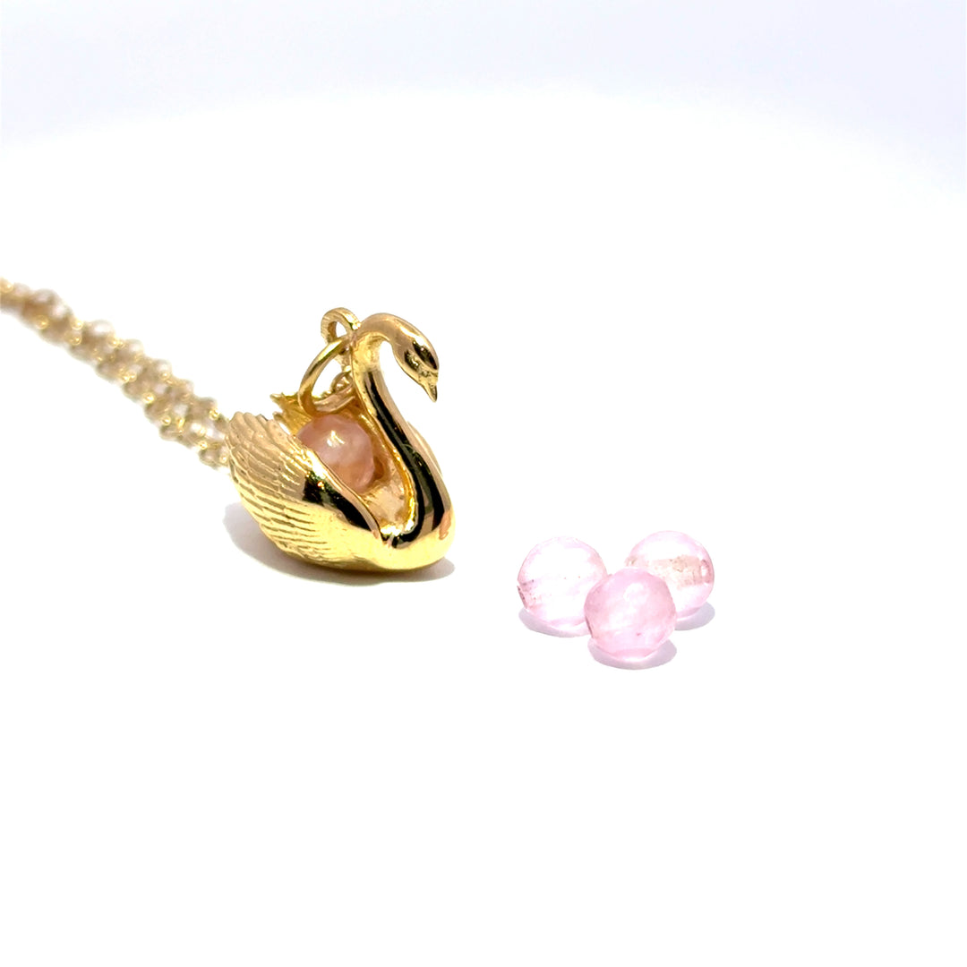 Detailed 18ct Gold Vermeil Swan Pink Quartz Necklace handmade in the UK by Blackbird Jewellery