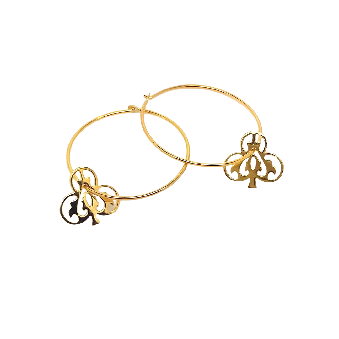 Gold vermeil hoop earrings with dangling Ace of Clubs charms