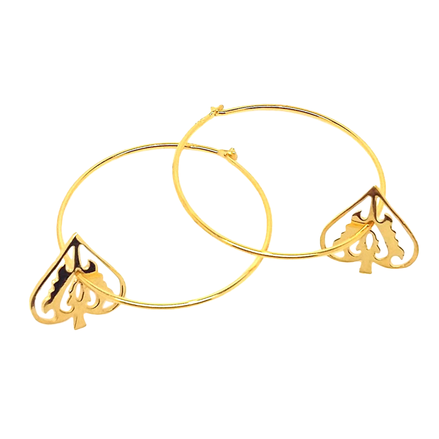 Gold vermeil hoop earrings with dangling Ace of Spades charms