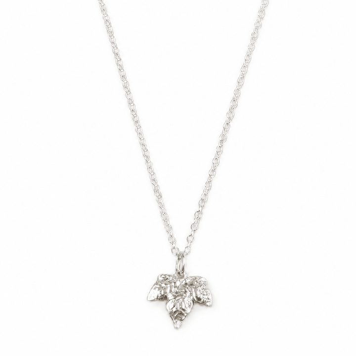 Handmade sterling silver ivy leaf necklace by Blackbird Jewellery on a white background