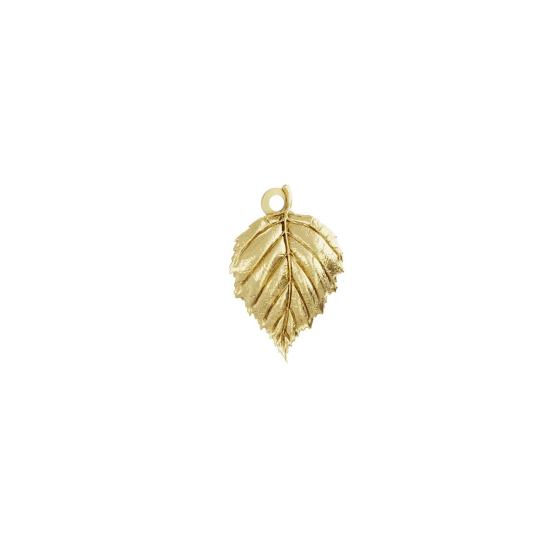 18ct gold vermeil birch leaf charm with intricate detailing.