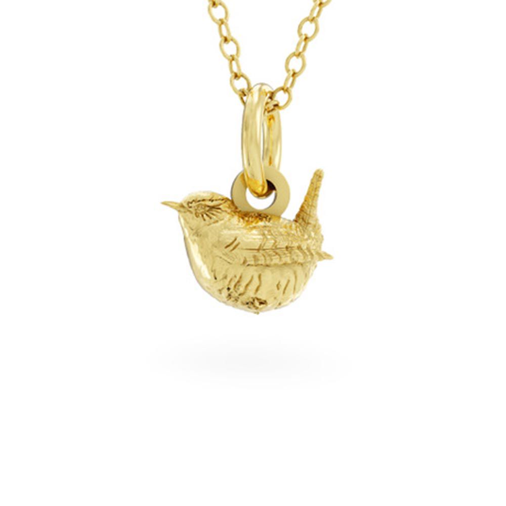 Licensed To Charm 18ct Gold vermeil wren bird-shaped pendant on a chain against a white background