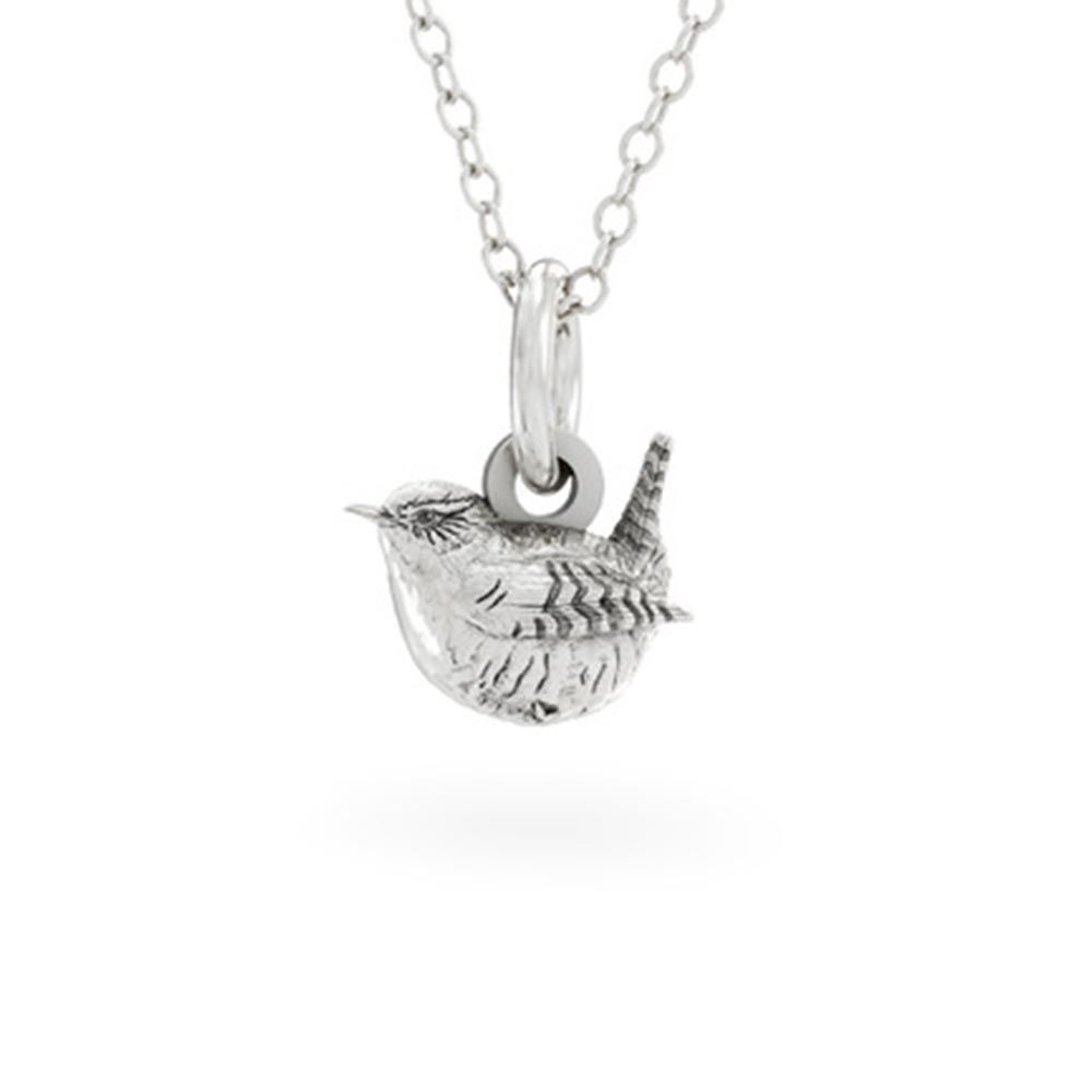 Licensed To Charm Sterling Silver Wren bird pendant on a chain against a white background
