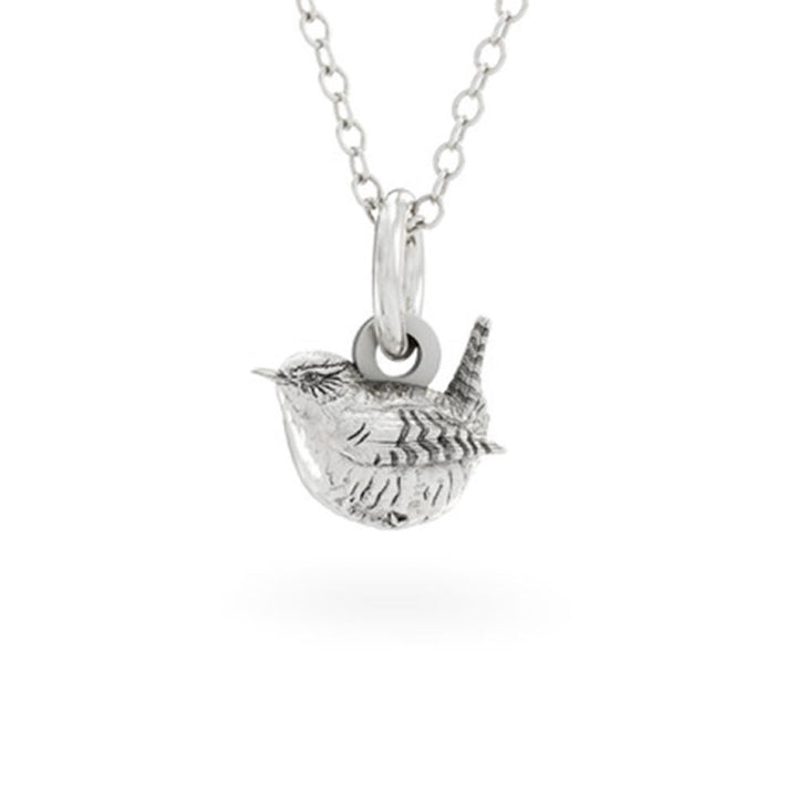 Licensed To Charm Sterling Silver Wren bird pendant on a chain against a white background