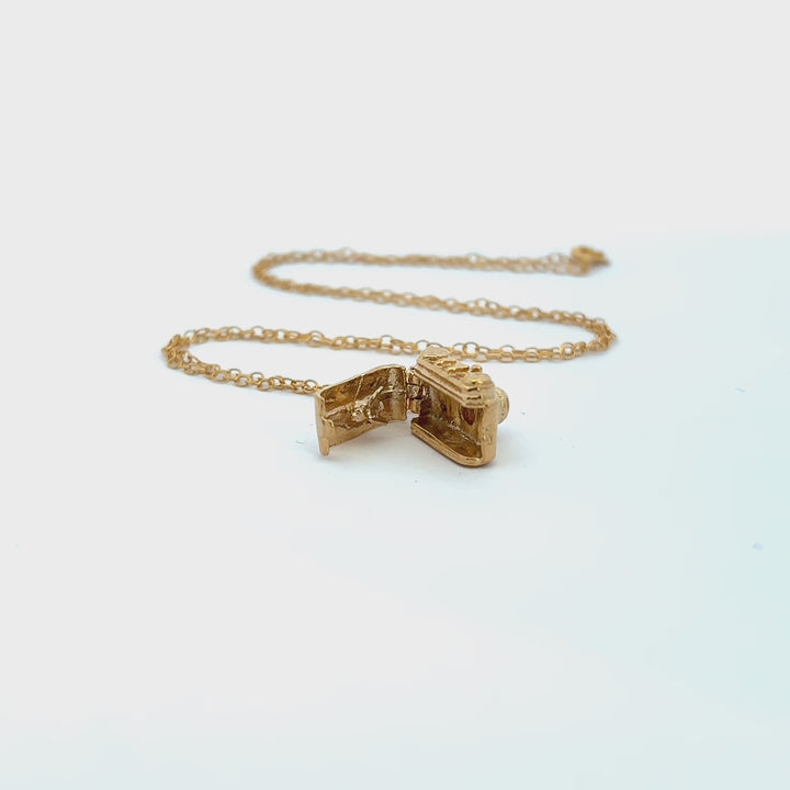 18ct gold vermeil vintage camera necklace shown in a flat lay product video