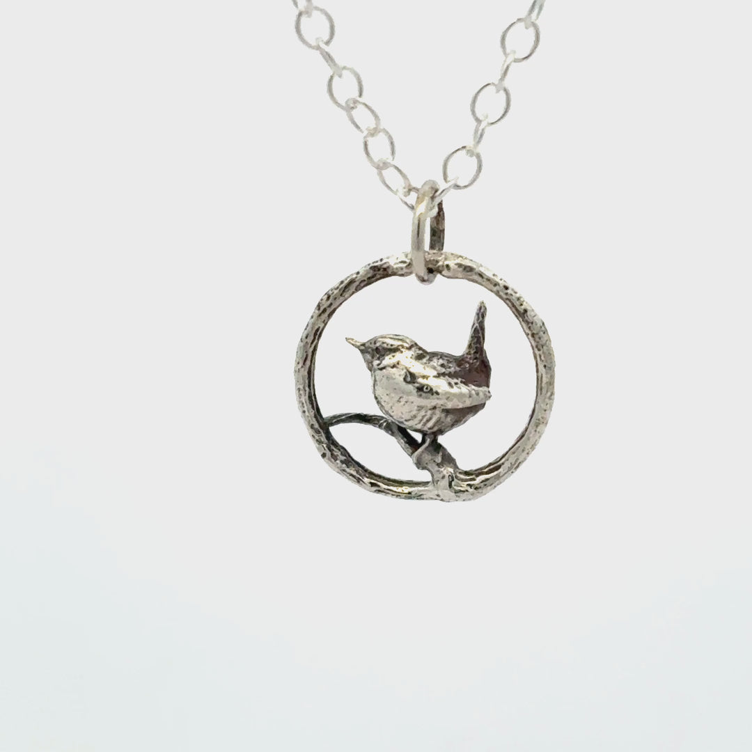 Blackbird Jewellery close up Sterling Silver Wren in Hoop Necklace – Nature-inspired jewellery for bird lovers, RSPB charity gift turnaround video