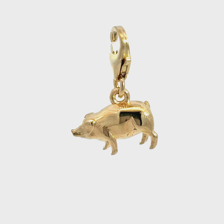 Blackbird jewellery 18ct gold vermeil lucky pig clip-on charm with lobster clasp, three-dimensional pig charm symbolising prosperity and good fortune turnaround video
