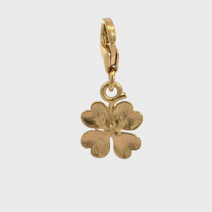 18ct gold vermeil lucky four leaf clover clip-on charm showing charm movement and detail