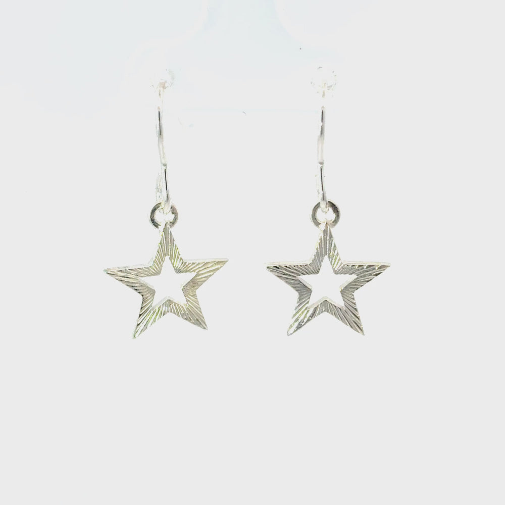 Blackbird Jewellery sterling silver Supernova star drop earrings with textured radiating design 360 video showing every detail