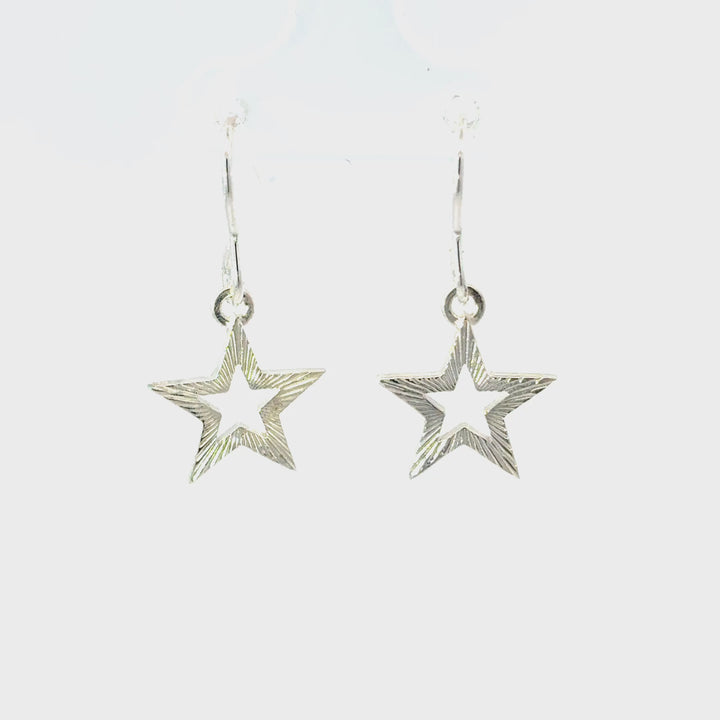 Blackbird Jewellery sterling silver Supernova star drop earrings with textured radiating design 360 video showing every detail
