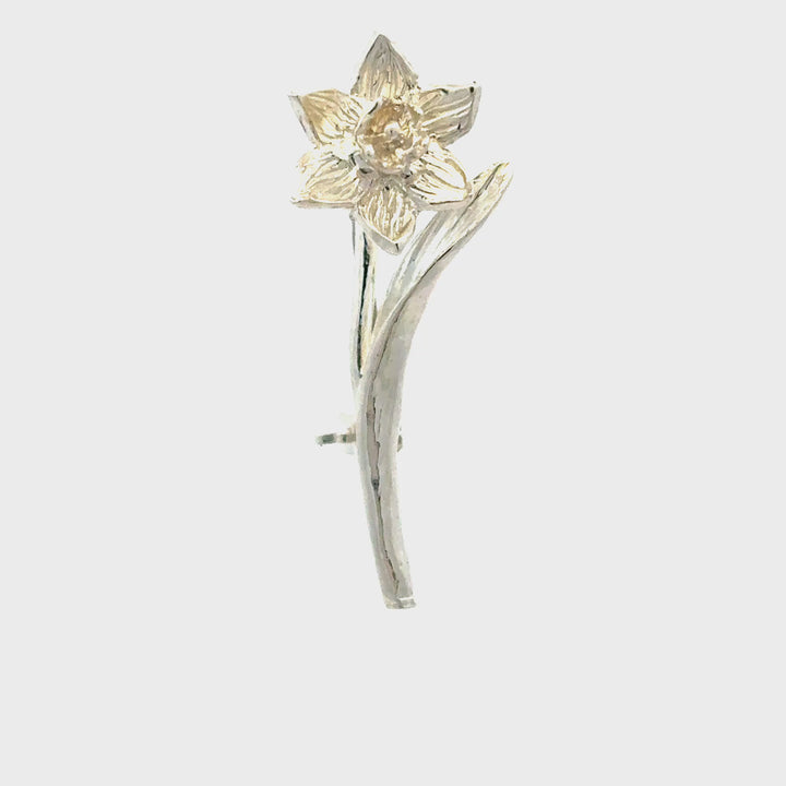 Blackbird Jewellery sterling silver daffodil brooch pin inspired by the March birth flower and national flower of Wales.