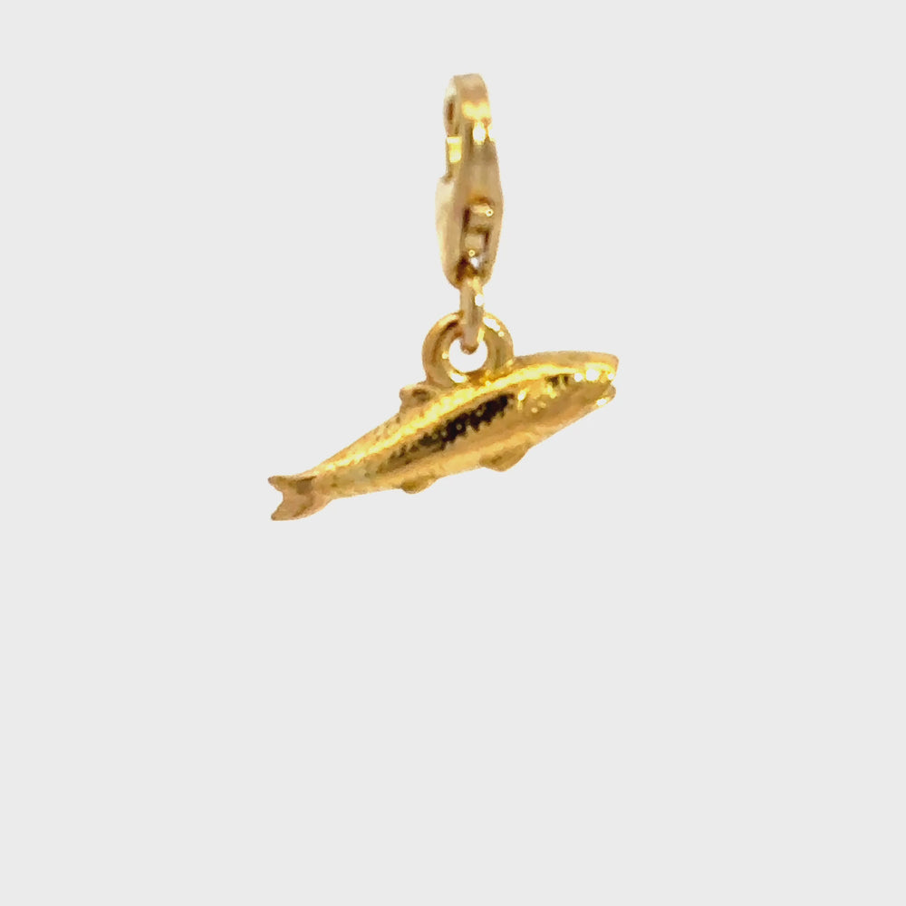 Blackbird Jewellery 18ct gold vermeil lucky fish clip-on charm with lobster clasp, handcrafted fish charm symbolising abundance, prosperity and good luck turnaround video