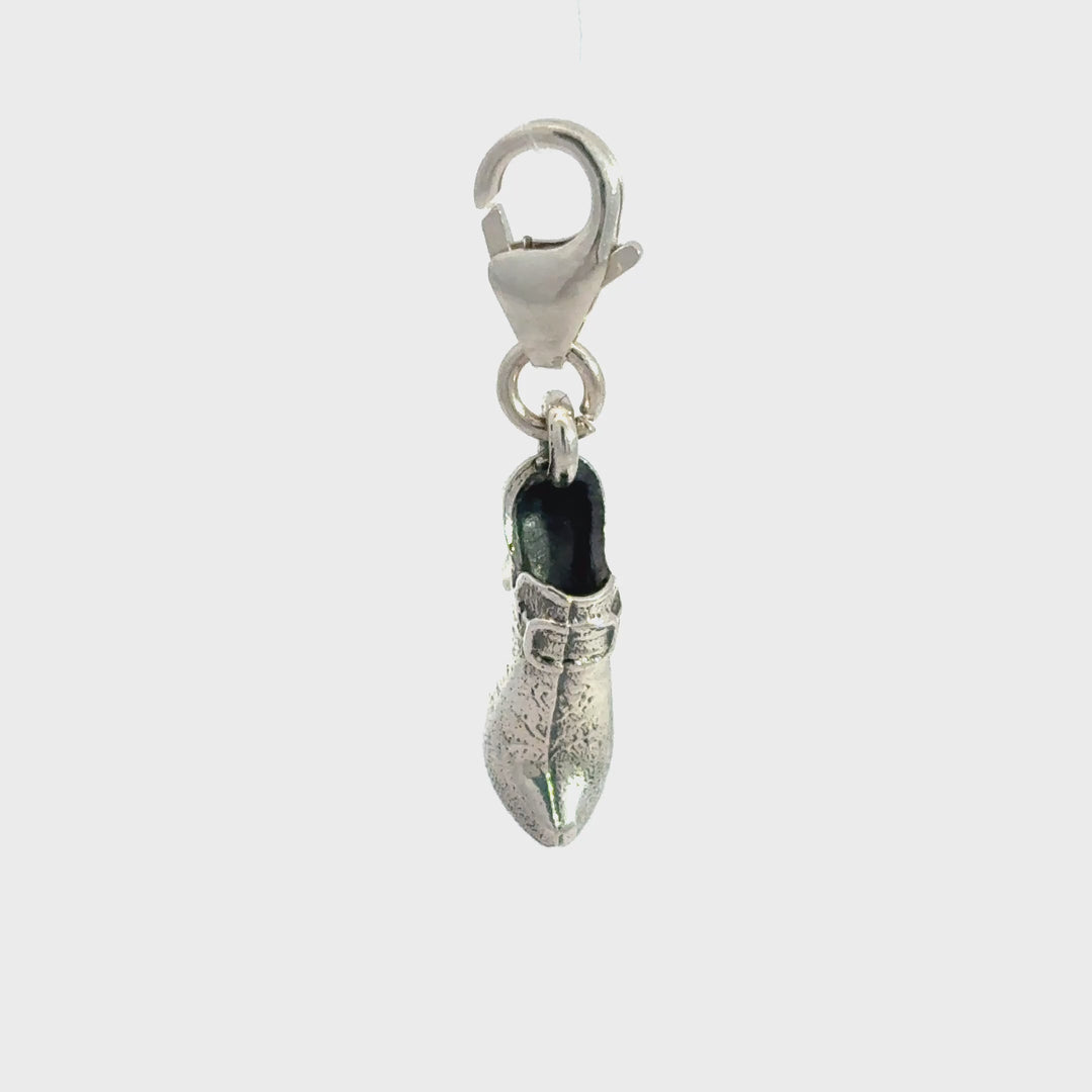 Sterling Silver lucky wedding shoe clip-on charm showing charm movement and detail