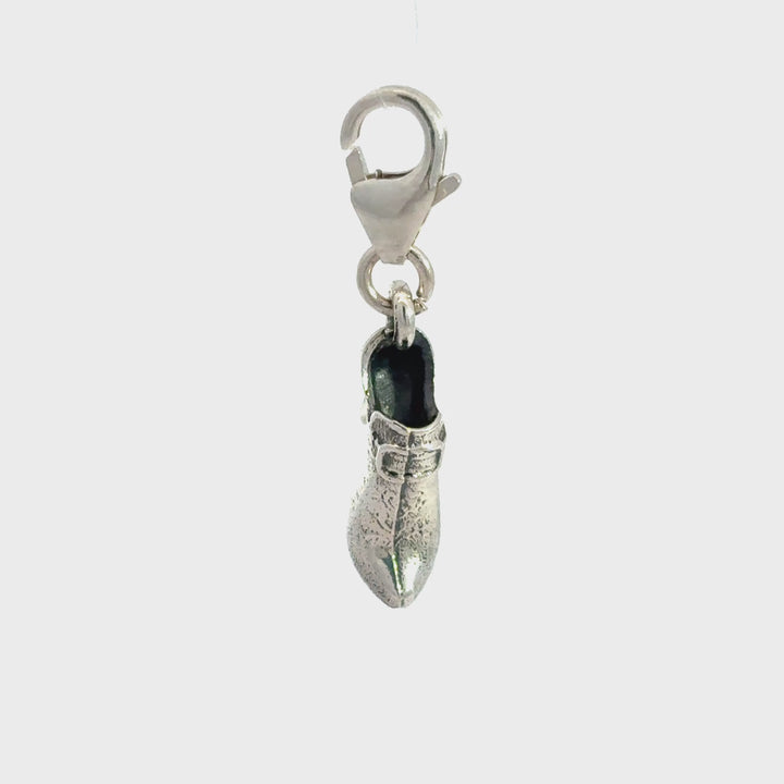 Sterling Silver lucky wedding shoe clip-on charm showing charm movement and detail