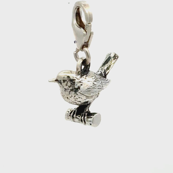 Blackbird Jewellery sterling silver robin charm side view showing detailed feather texture