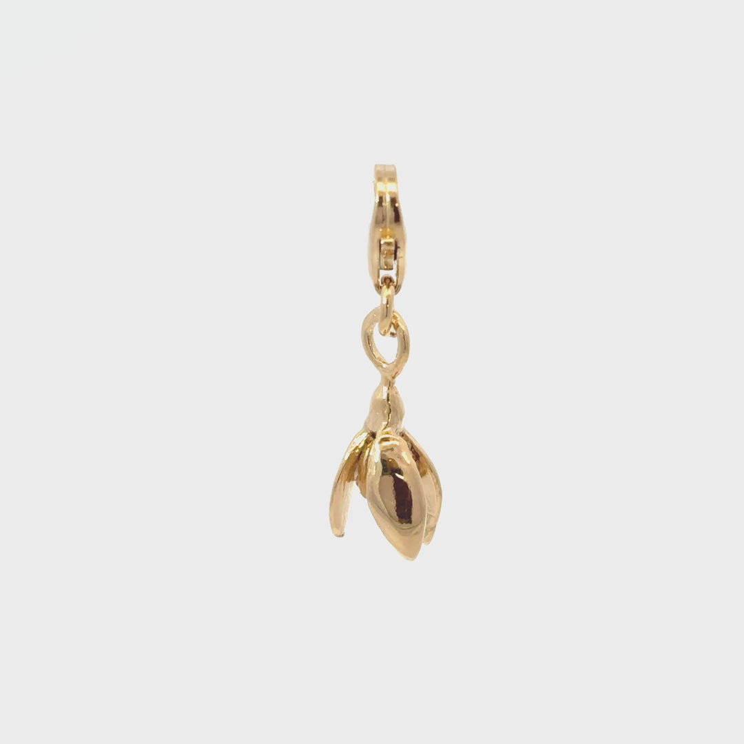 Handmade snowdrop clip-on charm 360 video in 18ct gold vermeil by Blackbird Jewellery