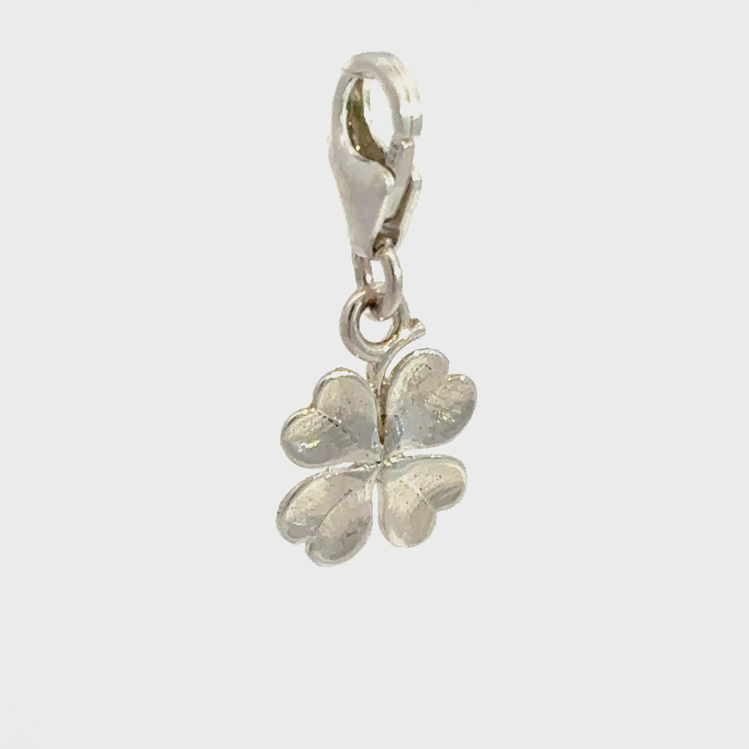 Sterling Silver lucky four leaf clover  clip-on charm showing charm movement and detail