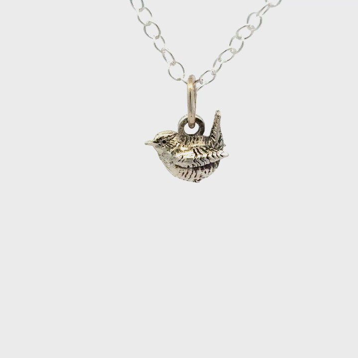Blackbird Jewellery Sterling Silver Mini Wren Necklace handcrafted with intricate bird details turnaround video