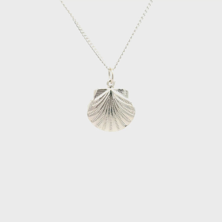 Sterling silver scallop shell necklace by Blackbird Jewellery, handmade coastal charm 360 turnaround 