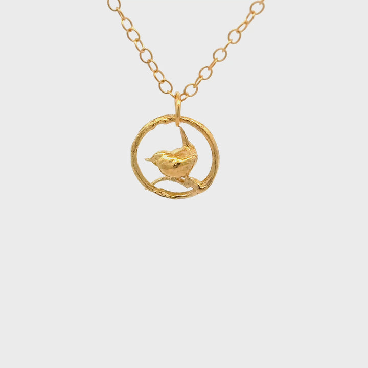 Blackbird Jewellery 18ct Gold Vermeil Wren Necklace – Handmade bird necklace in hoop design, sustainable jewellery gift for nature lovers turnaround video