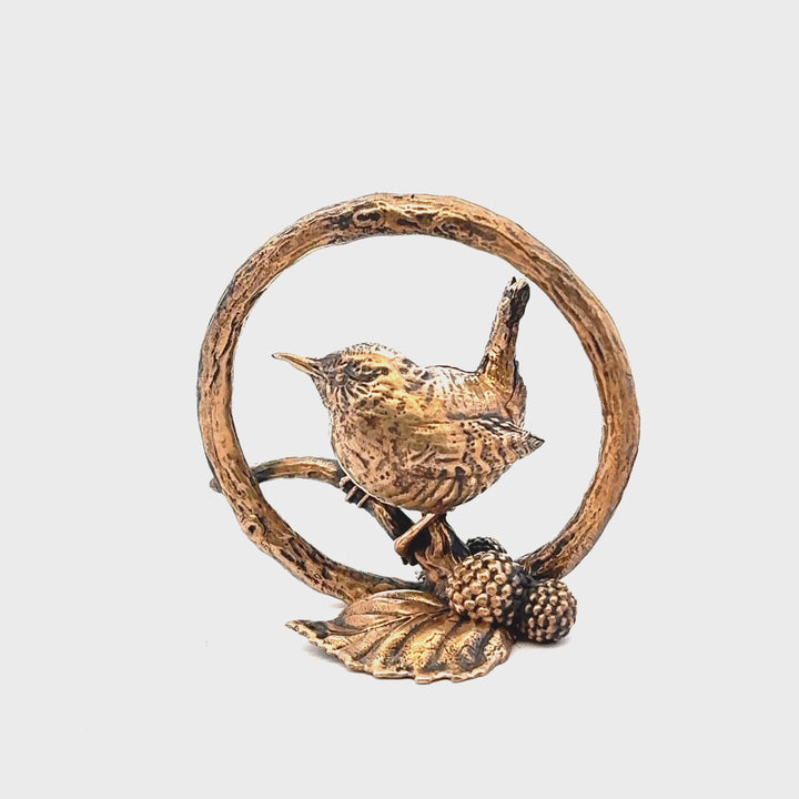 Blackbird Jewellery Bronze wren miniature ornament perched on a twig with blackberries and leaf, handcrafted 360 turnaround 