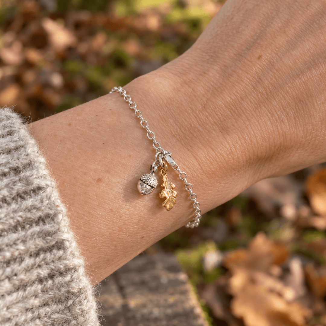 Sterling Silver Oak Leaf &amp; Gold Vermeil Acorn Bracelet by Blackbird Jewellery | Handmade jewellery