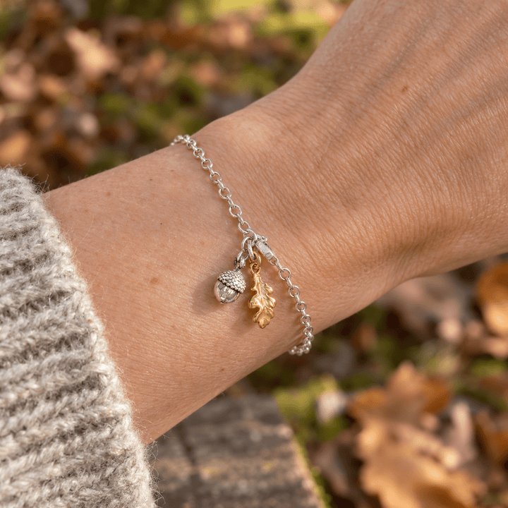 Sterling Silver Oak Leaf &amp; Gold Vermeil Acorn Bracelet by Blackbird Jewellery | Handmade jewellery