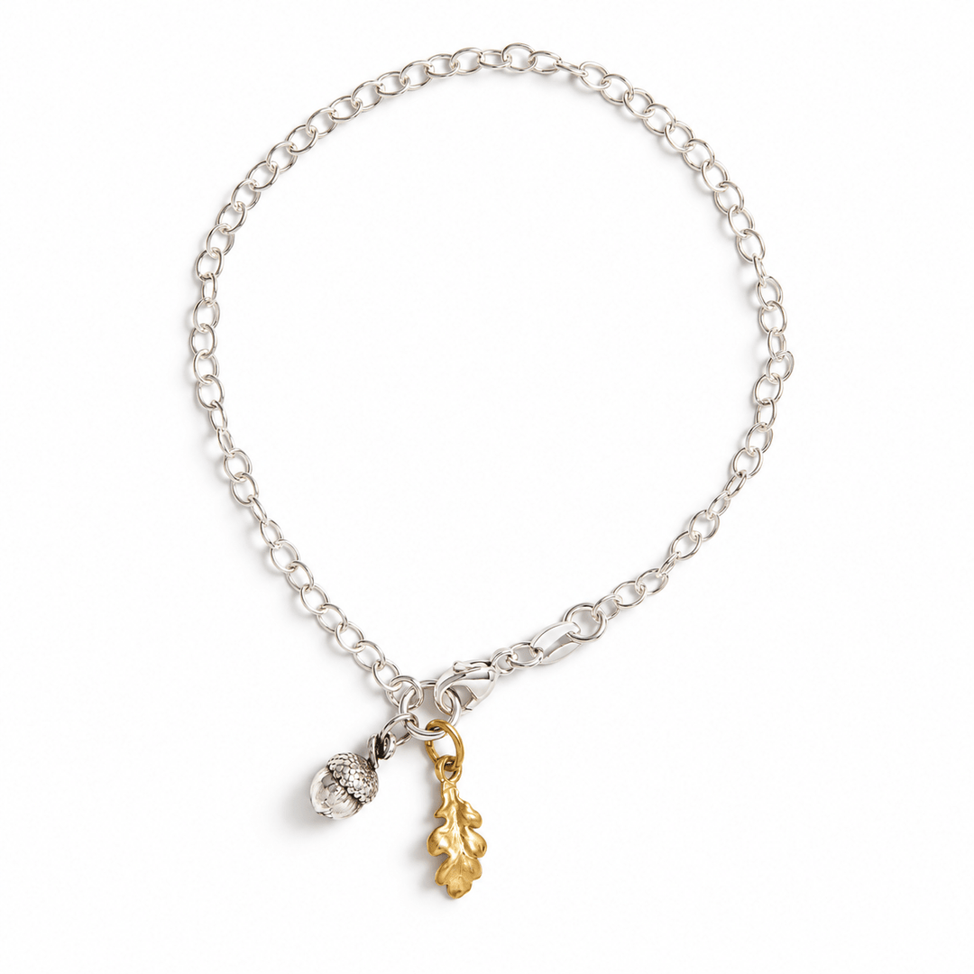 Sterling Silver Oak Leaf & Gold Vermeil Acorn Bracelet by Blackbird Jewellery | Handmade jewellery